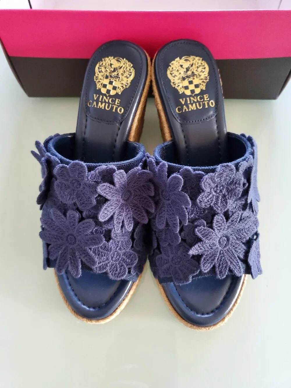 Vince Camuto Navy Floral Lace Wedge Slides 8.5